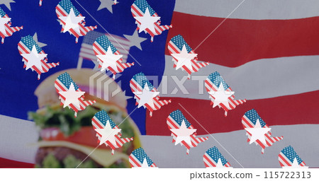 Image of usa flags wtih stars over hamburger on usa flag in background Image of usa flags wtih stars over hamburger on usa flag in background 115722313
