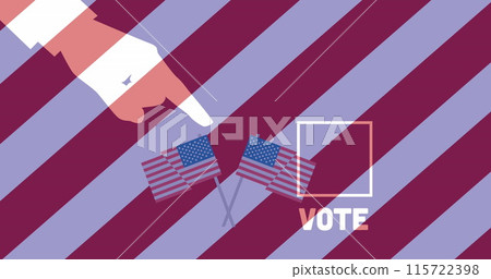 Image of hand, vote and american flags over red, white and blue striped background 115722398