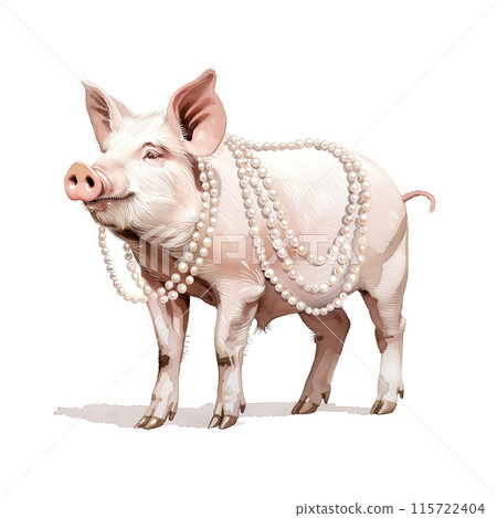 Watercolor illustration of pearls before a pig on white background 115722404
