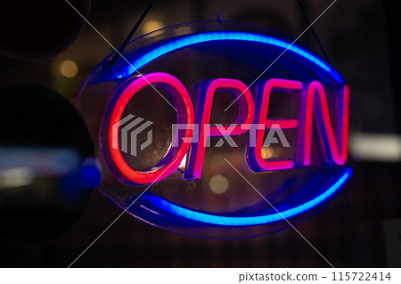 Neon Open Sign in Window Neon Open Sign in Window 115722414