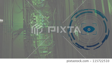 Image of eye retina round scanner against computer server room 115722510