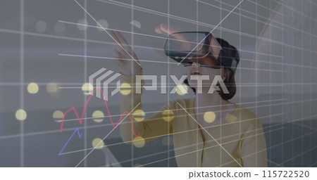 Image of financial data processing over woman wearing vr headset 115722520