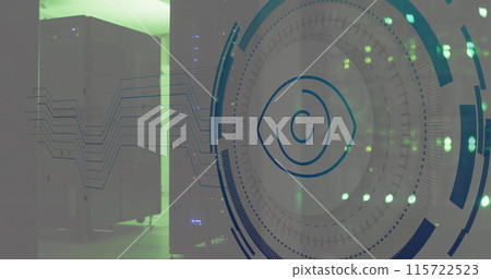 Image of eye retina scanner and microprocessor connections against computer server room 115722523