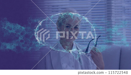 Image of digital brain over caucasian female psychologist Image of digital brain over caucasian female psychologist 115722548