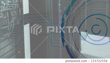 Image of eye retina round scanner and microprocessor connections against computer server room Image of eye retina round scanner and microprocessor connections against computer server room 115722558