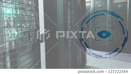Image of eye retina round scanner and microprocessor connections against computer server room Image of eye retina round scanner and microprocessor connections against computer server room 115722564
