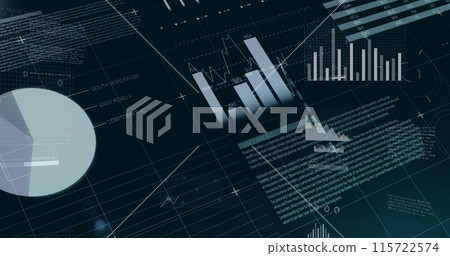 Image of multiple icons over infographic interface and computer language on black background 115722574