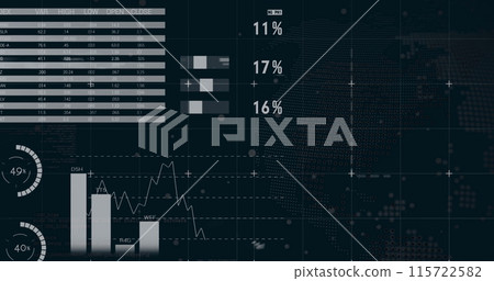 Image of infographic interface over rotating globe against black background Image of infographic interface over rotating globe against black background 115722582