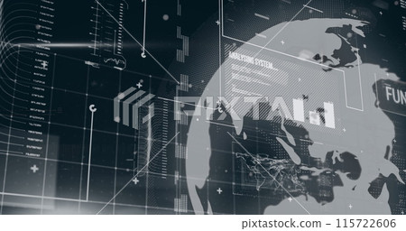 Image of computer language and rotating globe over texts, map, graphs and loading bars Image of computer language and rotating globe over texts, map, graphs and loading bars 115722606