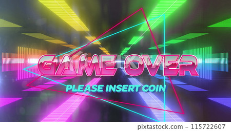 Image of game over text and please insert coin text on triangles over futuristic tunnel 115722607