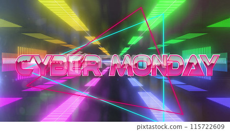 Image of cyber monday text on triangles over futuristic tunnel against black background 115722609
