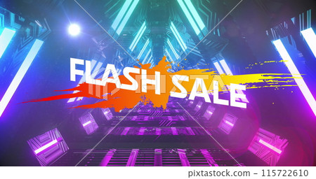 Image of flash sale text on color splash over looping futuristic tunnel in background 115722610