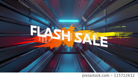 Image of flash sale text on color splash and geometric shape over futuristic tunnel 115722612