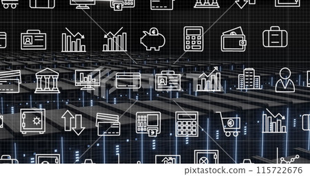 Image of network of digital icons over computer servers 115722676