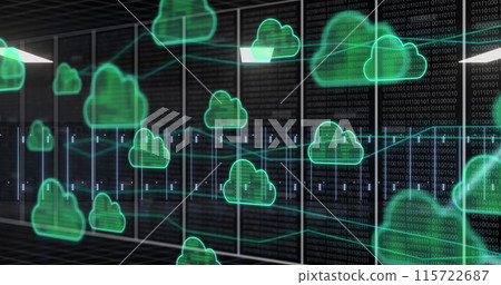 Image of connections with cloud icons over computer servers Image of connections with cloud icons over computer servers 115722687