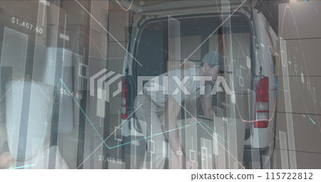Image of financial data over caucasian male courier loading packages into car Image of financial data over caucasian male courier loading packages into car 115722812