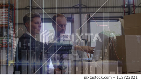 Image of financial data over caucasian male and female warehouse workers 115722821