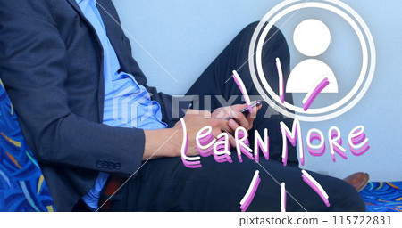 Image of media icons and learn more text over biracial businessman using smartphone 115722831