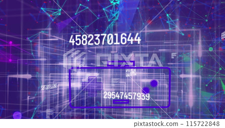 Image of data processing and network of connections over blue background 115722848