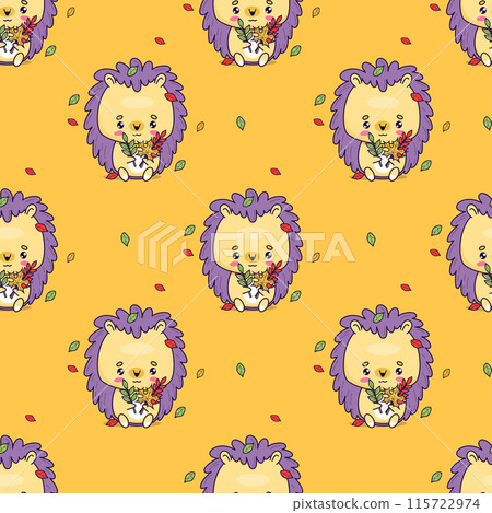 Seamless pattern with cute hedgehog with autumn leaves on yellow background. Vector illustration with funny cartoon kawaii animals. Kids collection. Seamless pattern with cute hedgehog with autumn leaves on yellow background. Vector illustration with funny cartoon kawaii animals. Kids collection. 115722974
