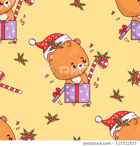 Seamless pattern with Christmas cute bear cub wearing Santa hat in gift box on yellow background with holly. Funny Xmas kawaii animal character. Vector illustration. Kids collection. Seamless pattern with Christmas cute bear cub wearing Santa hat in gift box on yellow background with holly. Funny Xmas kawaii animal character. Vector illustration. Kids collection. 115722975