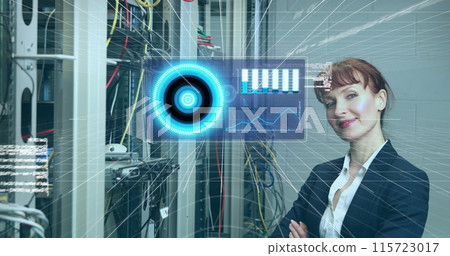 Image of data processing over caucasian woman checking servers 115723017
