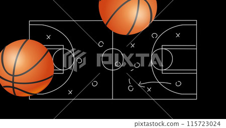 Image of basketballs over drawing of game plan on black background 115723024