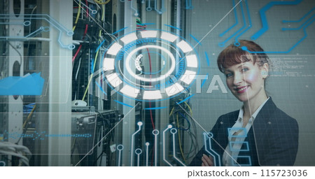 Image of processing circle and data over caucasian woman checking servers Image of processing circle and data over caucasian woman checking servers 115723036