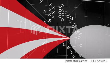 Image of drawing of game plan over rugby ball and red and white stripes 115723042