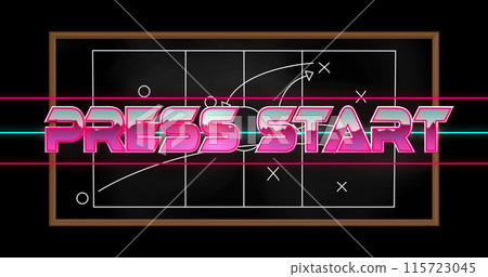 Image of press start text over drawing of game plan on black background Image of press start text over drawing of game plan on black background 115723045