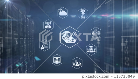 Image of cloud, data transfer and business networking icons over glowing screens processing data Image of cloud, data transfer and business networking icons over glowing screens processing data 115723049