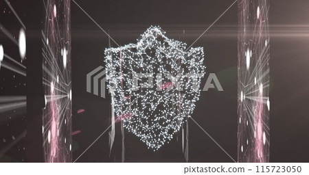 Image of network of connections forming shield symbol over glowing screens processing data Image of network of connections forming shield symbol over glowing screens processing data 115723050