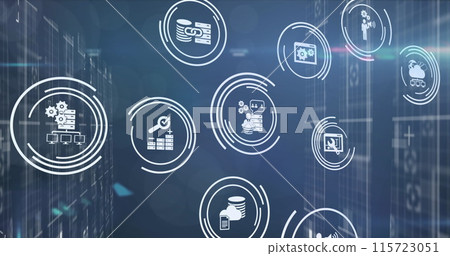 Image of scope scanning with icons over moving columns on black background Image of scope scanning with icons over moving columns on black background 115723051