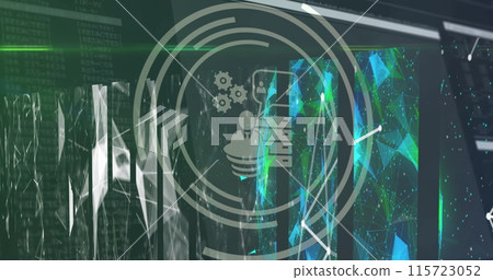 Image of cloud, data transfer and business networking icons over glowing screens processing data Image of cloud, data transfer and business networking icons over glowing screens processing data 115723052