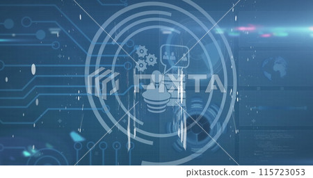 Image of scope scanning with icons over computer circuit board on black background Image of scope scanning with icons over computer circuit board on black background 115723053