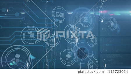Image of scope scanning with icons over computer circuit board on black background Image of scope scanning with icons over computer circuit board on black background 115723054