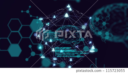 Image of globe of digital icons over medical data processing against blue background Image of globe of digital icons over medical data processing against blue background 115723055