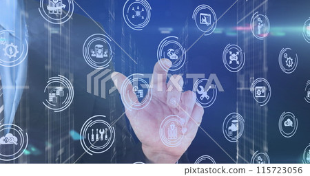 Image of multiple digital icons over mid section of businessman touching invisible screen Image of multiple digital icons over mid section of businessman touching invisible screen 115723056