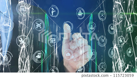 Image of hand using touchscreen with business and data sharing icons over communication networks Image of hand using touchscreen with business and data sharing icons over communication networks 115723059