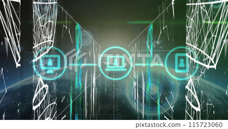 Image of multiple digital icons over screens of network of connections against green background 115723060