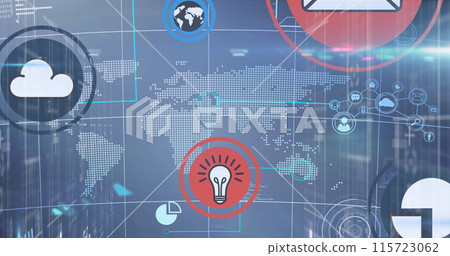 Image of interface with cloud and data sharing icons over world map and data processing 115723062