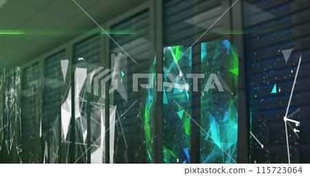 Image of abstract shapes, networks and data processing over computer servers in server room 115723064
