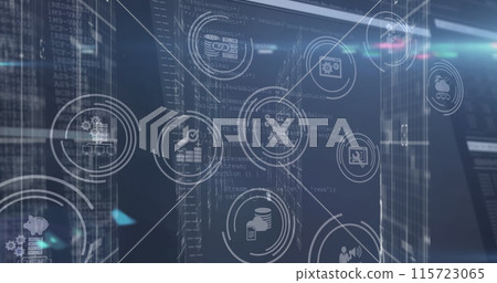 Image of multiple digital icons over screens with data processing against blue background Image of multiple digital icons over screens with data processing against blue background 115723065