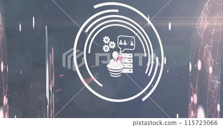 Image of interface with business and data sharing icons over global network and data processing 115723066