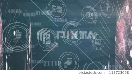 Image of business communication icons over networks of connections and processing data Image of business communication icons over networks of connections and processing data 115723068