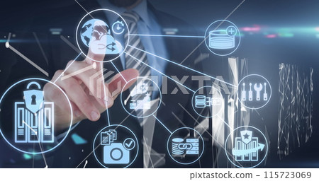 Image of businessman using touchscreen with network and security icons over processing data Image of businessman using touchscreen with network and security icons over processing data 115723069