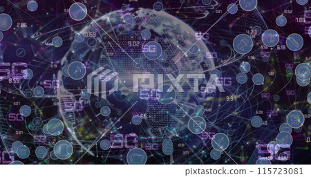 Multiple 5g texts, network of connections against light trails over globe on blue background 115723081