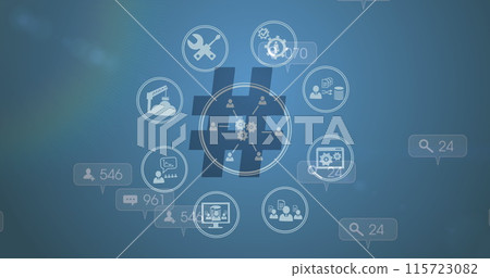 Network of digital icons over multiple speech bubbles falling against blue background Network of digital icons over multiple speech bubbles falling against blue background 115723082