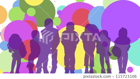 Image of spots and silhouettes of children on white background 115723106