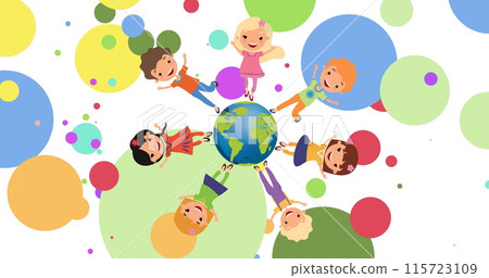 Image of diverse children and globe icon on white background 115723109